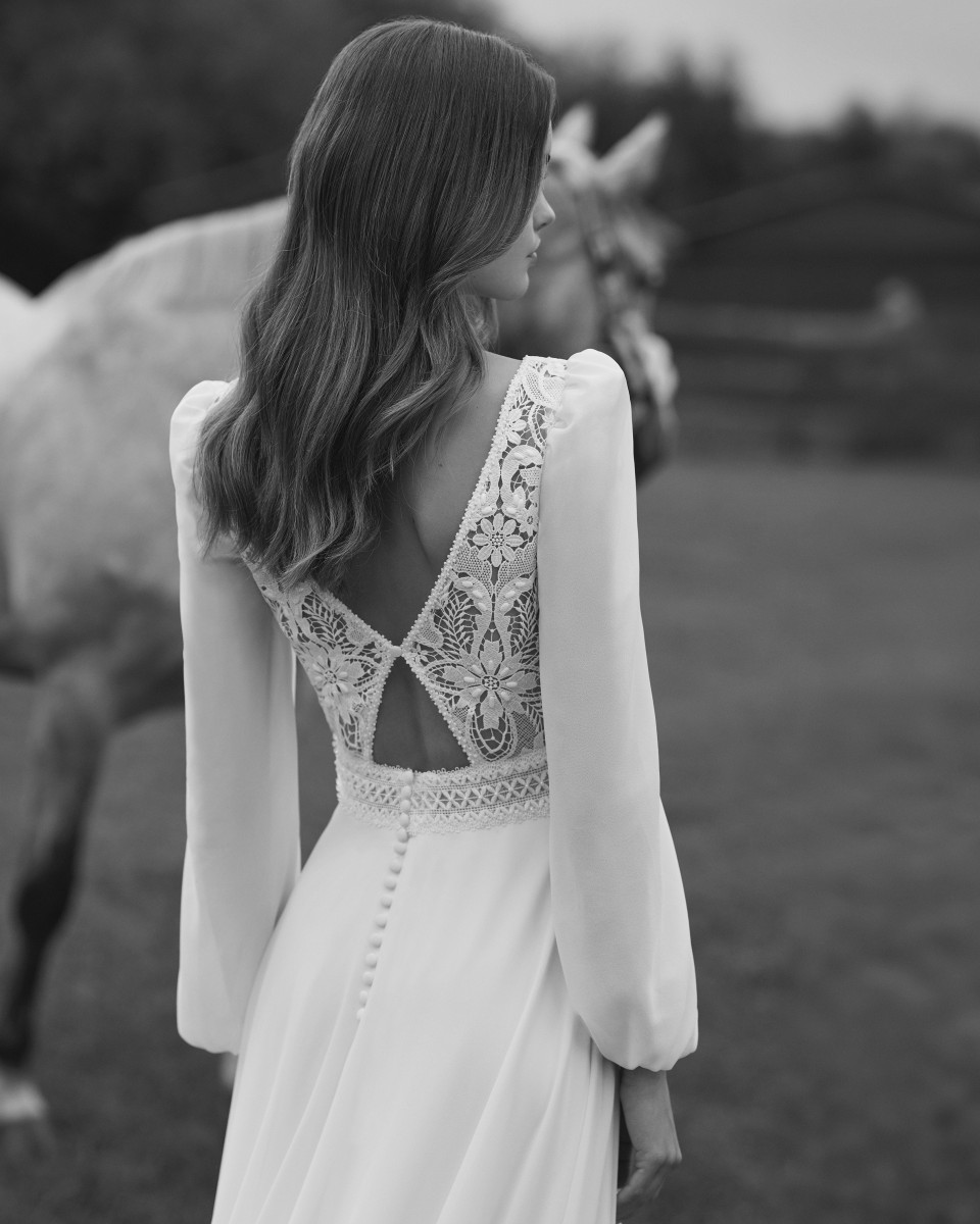 de achterkant van een vrouw's trouwjurk met een paard op de achtergrond