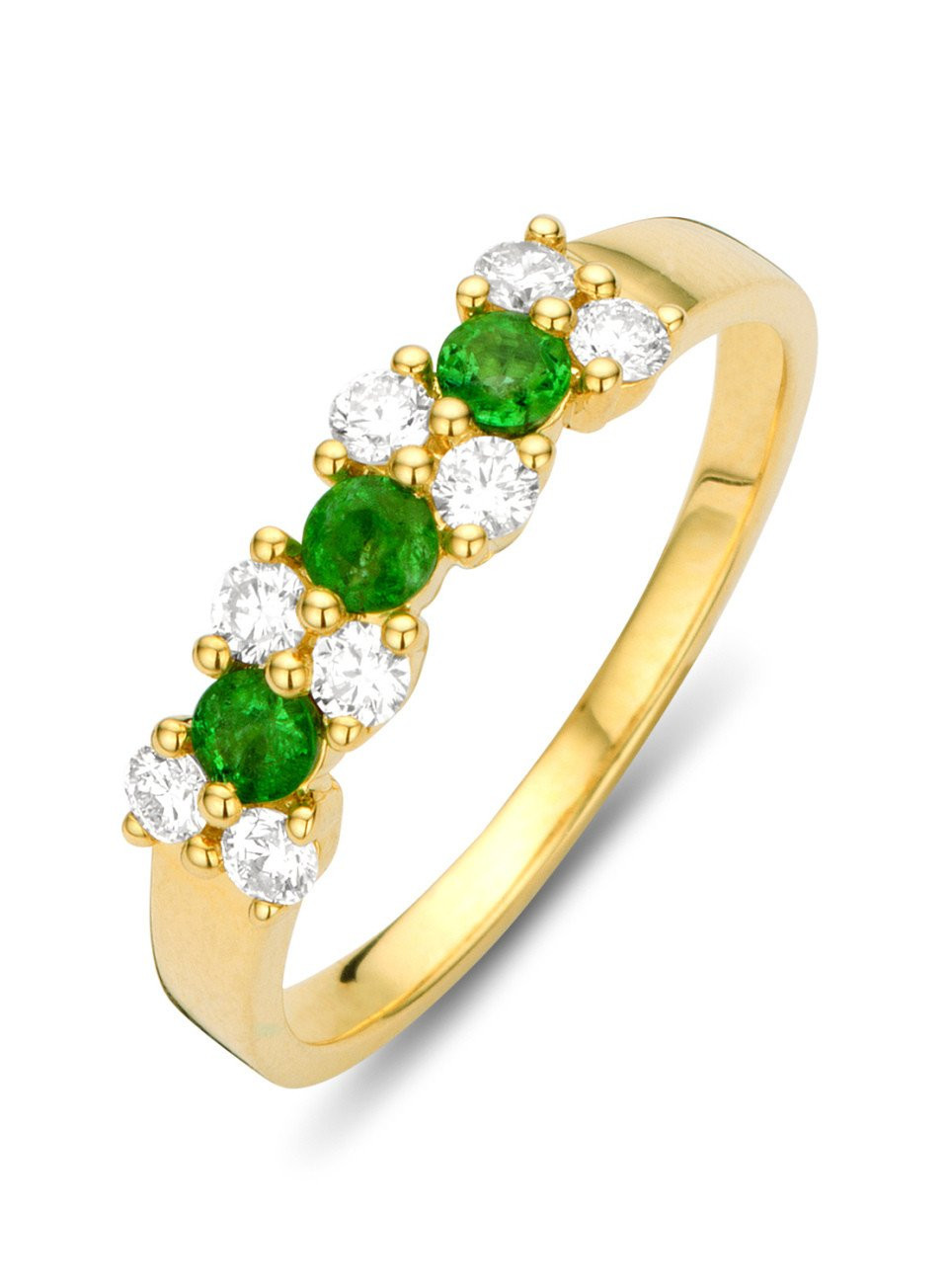 een geelgouden ring met smaragdstenen