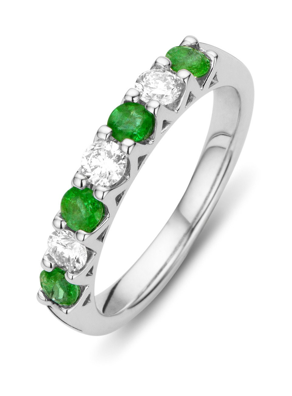 een witgouden ring met smaragden en diamanten