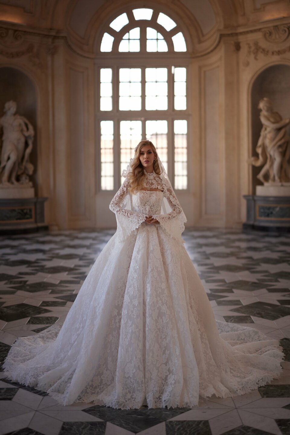 een vrouw in een trouwjurk die poseert voor een foto