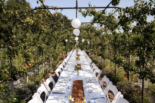 A long banquet table runs down a garden tunnel of greenery and paper lanterns, set with white chairs.