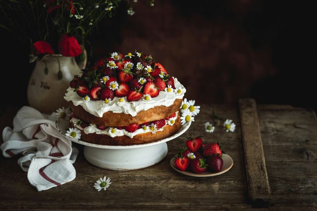 Runder Kuchen mit Sahne und Erdbeeren