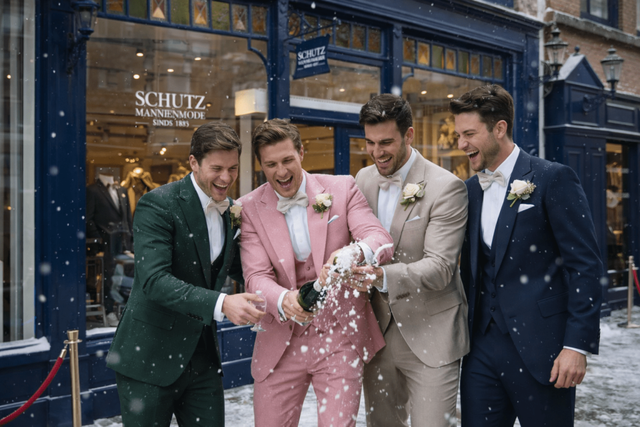 een groep mannen in pakken die buiten in de sneeuw staan