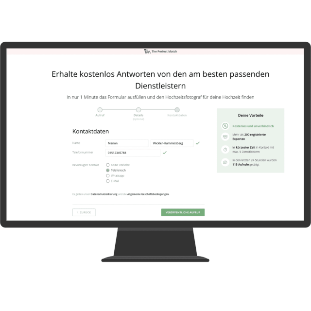 Landingpage von ThePerfectMatch um einen Aufruf zu starten ist abgebildet auf einem Computerbildschirm