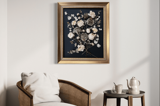 schilderij met bloemen in woonkamer