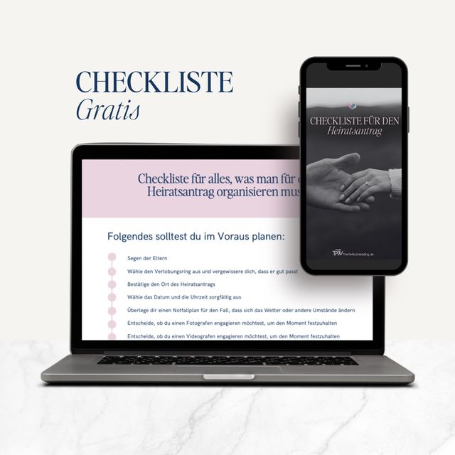 Beispiel der kostenlosen Checkliste für den Heiratsantrag auf einem Computer and Smartphone