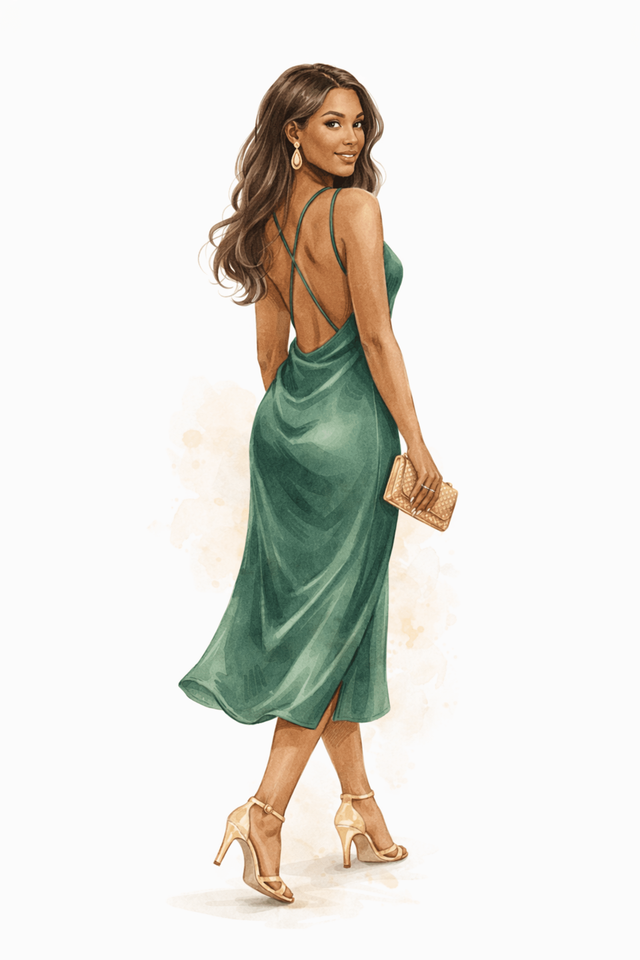 Green slip dress with an open back for cocktail attire