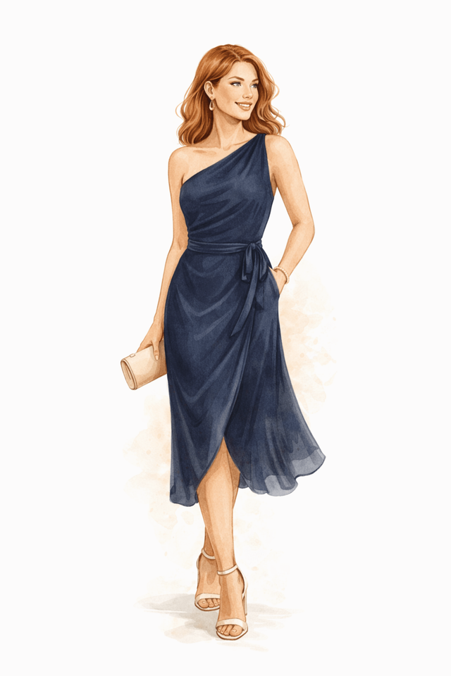 Blue one-shoulder cocktail dress for a wedding guest