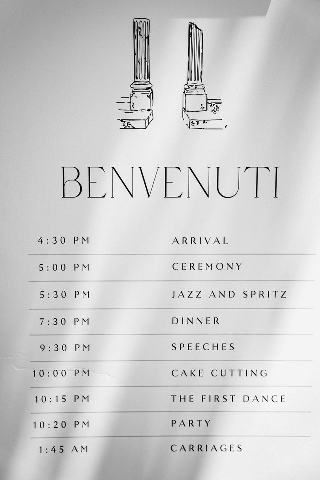 A day-program card reading Benvenuti with the wedding day timeline.
