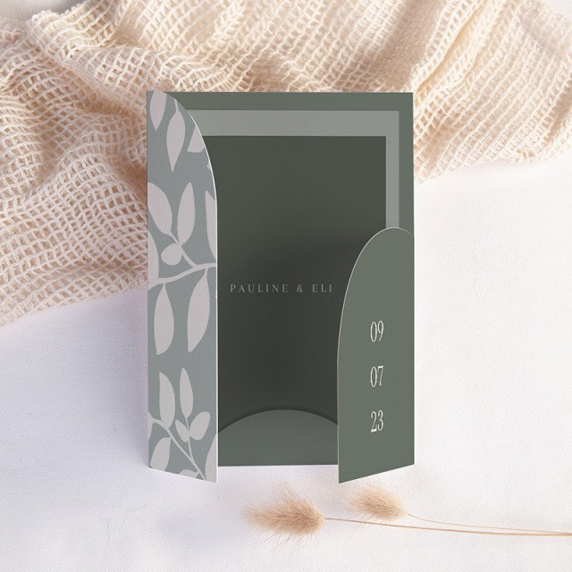 pocketfold trouwkaart met groene botanische details