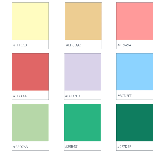 Frühlingspalette mit 9 Farben des Jahres 2023 inklusive Hex Farbcodes