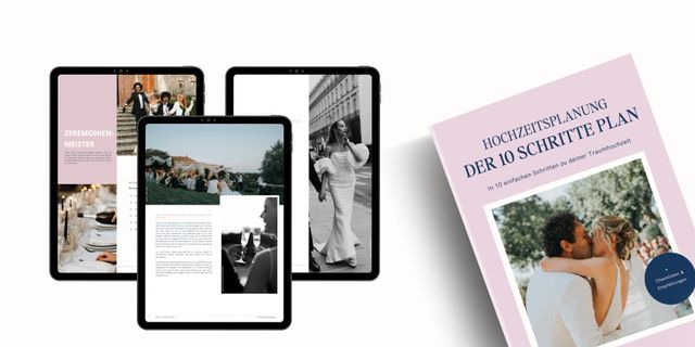 Vorschau des kostenlosen E-Books - In 10 Schritten eine Hochzeit geplant. Drei Tablets zeigen drei Beispielseiten während ein großes Bild des Covers an der rechten, unteren Seite ist.
