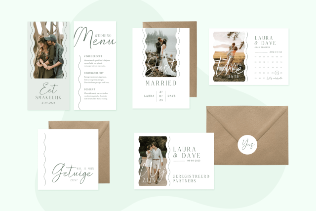 Minimalistisches Hochzeitskartenset in verschiedenen gedeckten Farben und Aufschrift