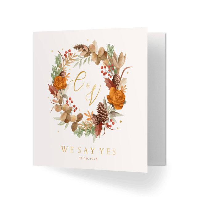 Hochzeitskarte mit herbstlichen Trockenblumen in orange und braun