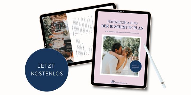 Vorschau des kostenlosen E-Books für die Hochzeitsplanung auf zwei Tablets mit einem Stift daneben