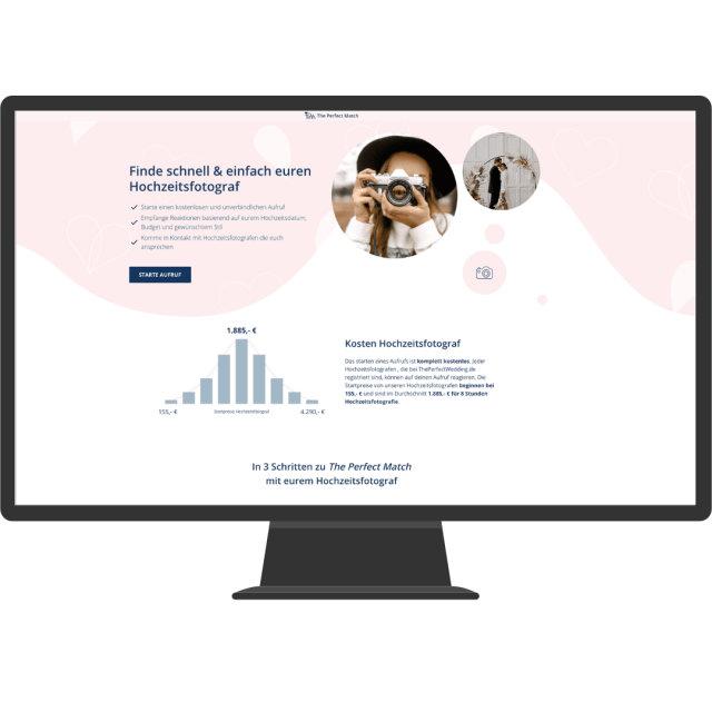 Landingpage um einen Hochzeitsfotografen zu finden von ThePerfectMatch ist abgebildet auf einem Computerbildschirm