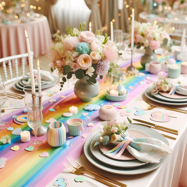 Tischdekoration in Regenbogenfarben
