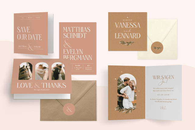 Hochzeitskarten Set in neutralen Brauntönen und Fotos