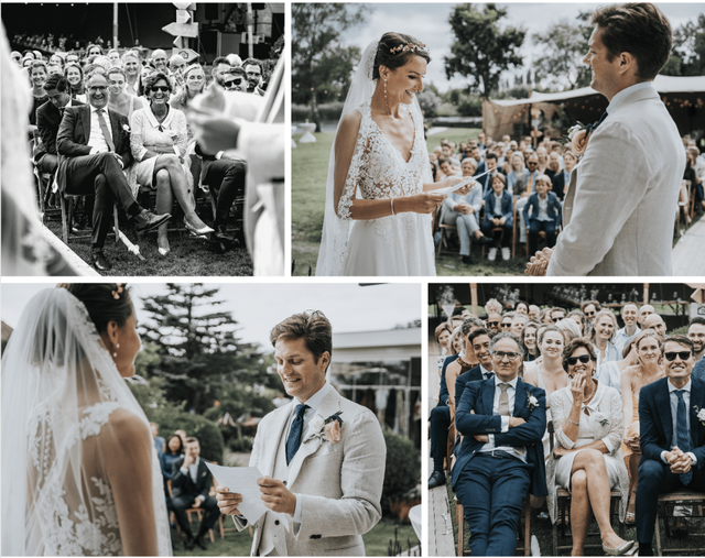 Collage van de buitenceremonie waarop bruid en bruidegom elkaar aankijken voor de toekijkende gasten, deels in zwart-wit.