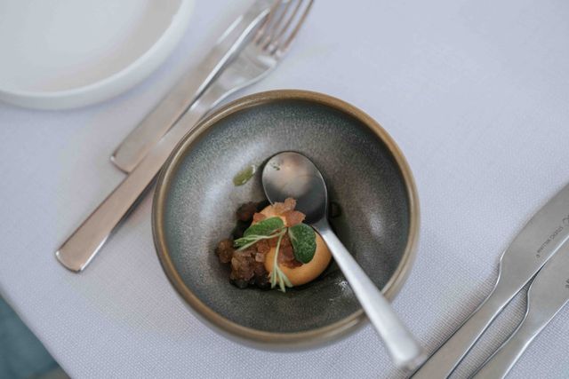 A close-up of a refined appetizer plated with fresh garnish on a green plate.