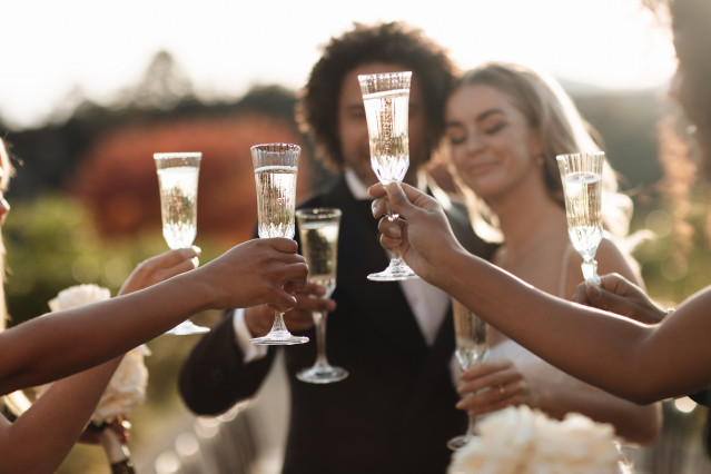 bruidspaar proost naar gasten