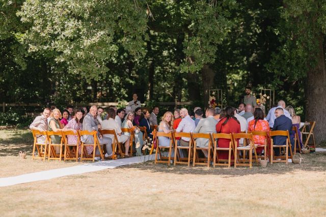 Wedding guests in smart casual attire at a daytime outdoor ceremony