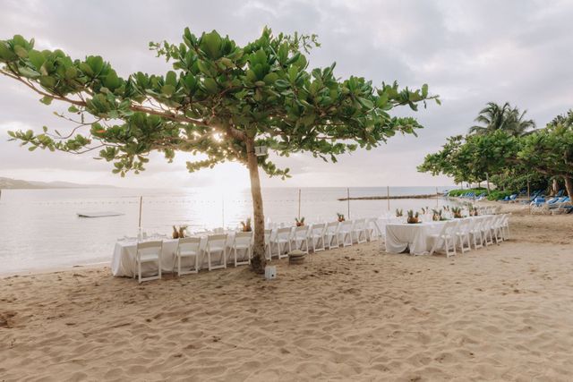 A beach wedding reception at dusk with round tables and white chairs arranged on the sand beneath a large tree.