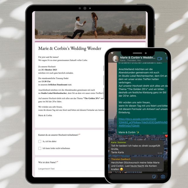 Vorschau der digitalen Hochzeitseinladung auf einem Tablet und einem Smartphone