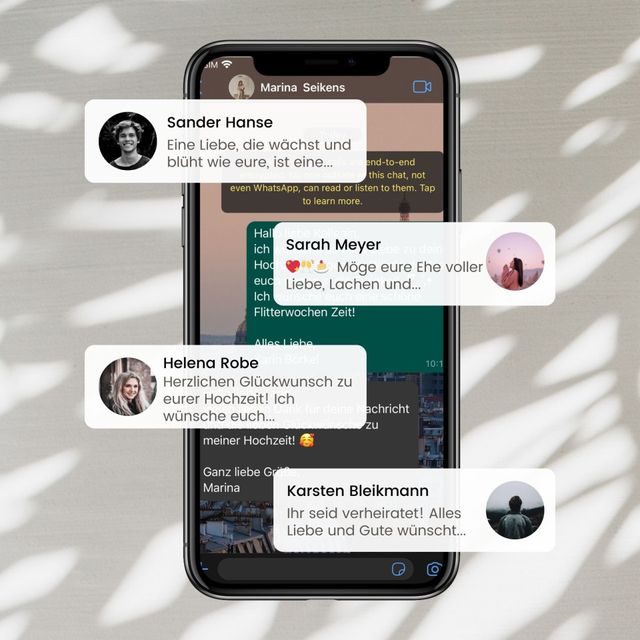 Hochzeitswünsche dargestellt vor einem Smartphone mit Whatsapp Chat im Hintergrund
