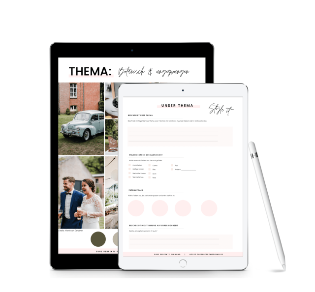 Zwei Ipads mit Apple Pencil und Beispielbildern inkl. Moodboard des Hochzeitsplaners