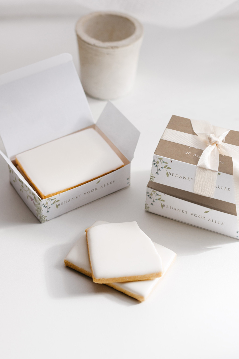 witte suikerkoekjes in een doos met een plant