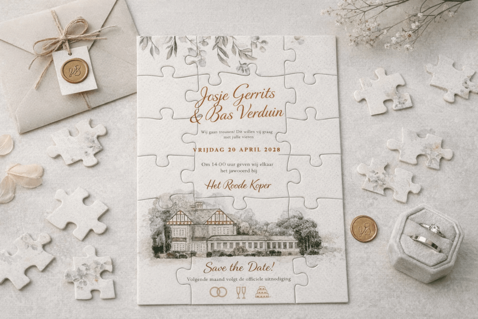 Trouwkaart uitnodiging als puzzel wit mer grijs en koper tinten
