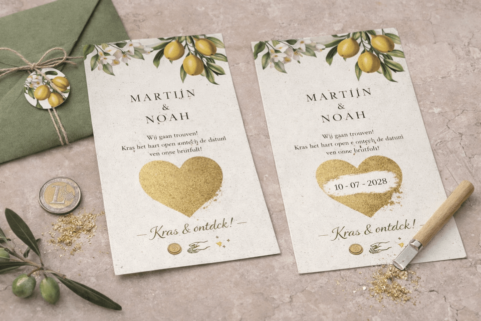 Trouwkaart uitnodiging mer kraslaag met citroenen en goud