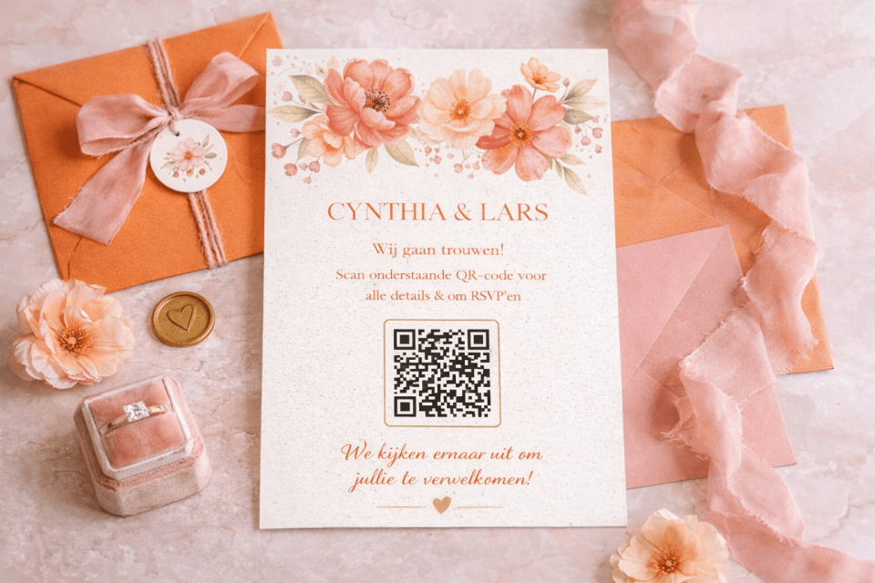 Bloemen trouwkaart uitnodiging met QR-code in roze en oranje tinten