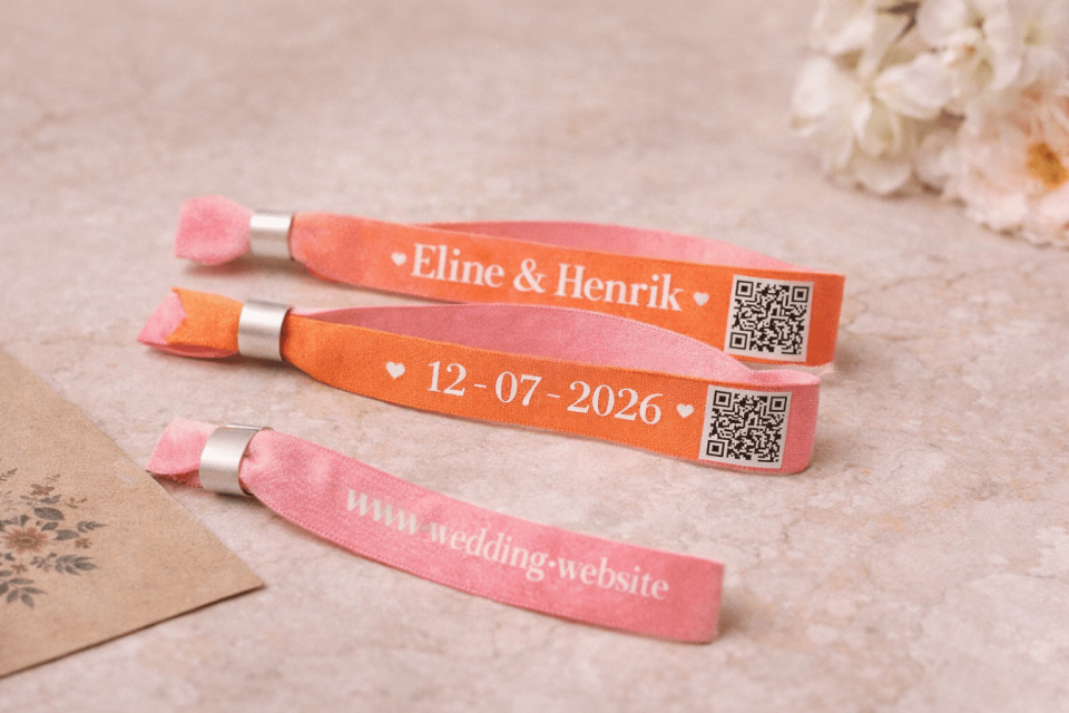 Festival bandjes als uitnodiging bruiloft inclusief QR-code