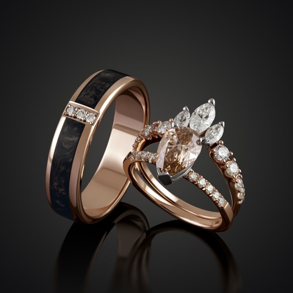 EN-17 - Boho ring in rosegoud en zwart met bladeren diamanten