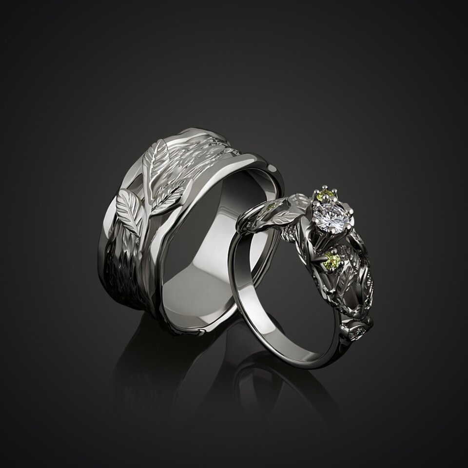 EN-42 - Organische trouwset met diamant en blad detail