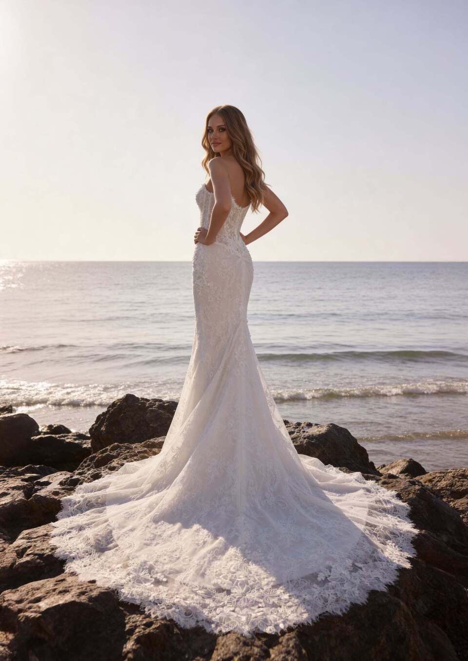 fit and flare trouwjurk Iole van Galvan Sposa met sleep