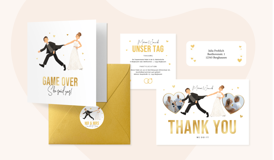 Hochzeitsfeiereinladung Ehepaar 'Game over' mit Gold