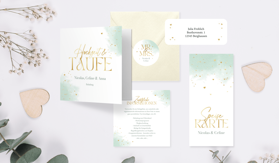 Einladungskarte mintgrünes Aquarell & Goldherzchen