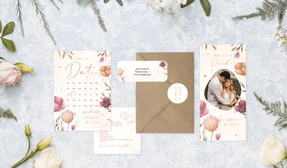 Hochzeitskarte Einladung elegante Blumen Aquarell