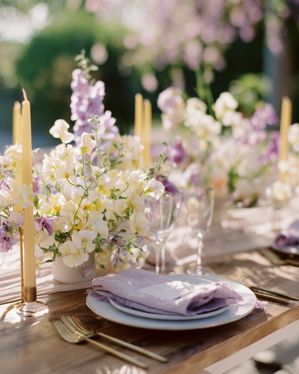 lilac butter yellow wedding color palette spring table setting
