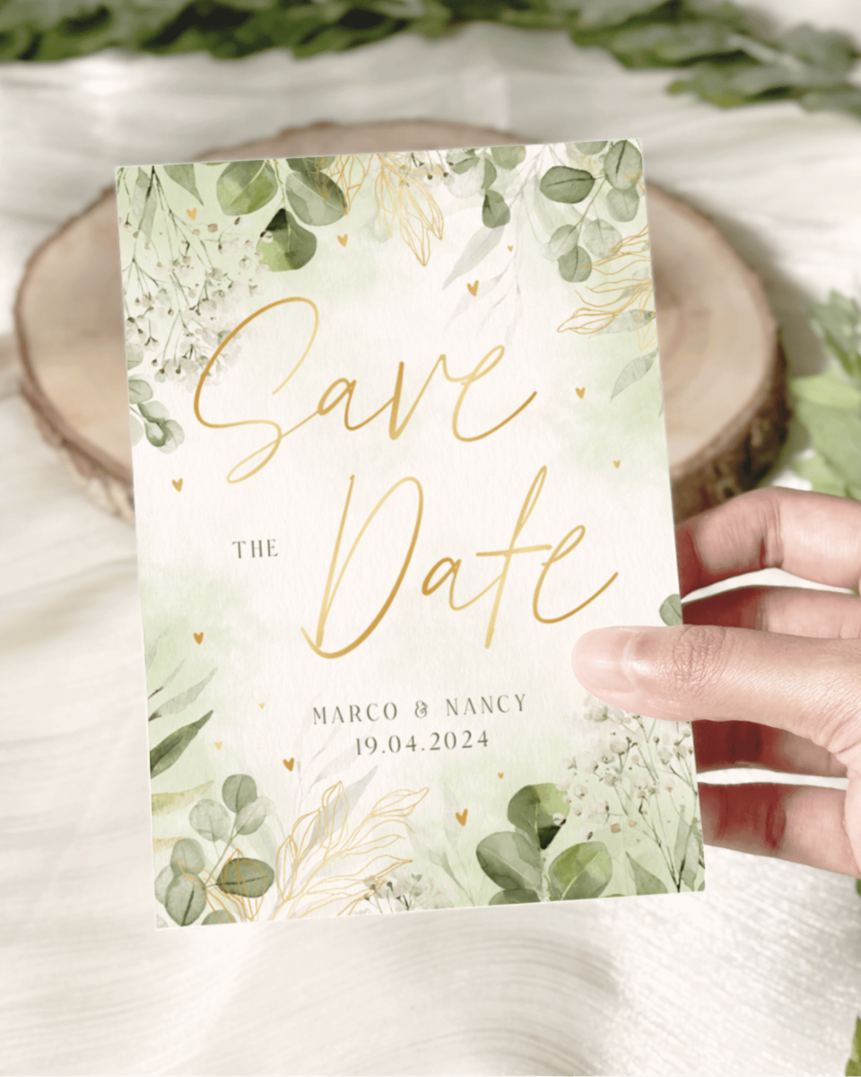save the date kaart met groene bladeren