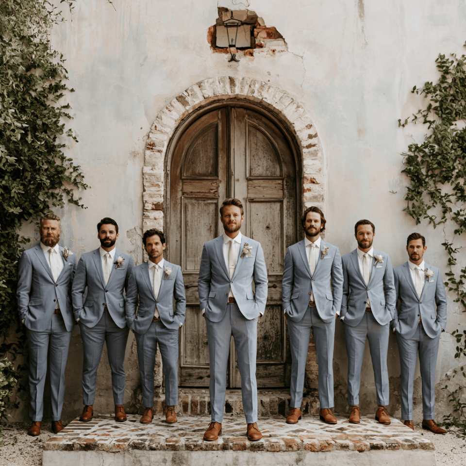 Groom wearing Dusty blue attire with best men