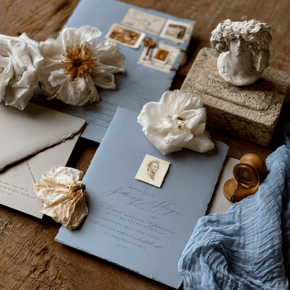 Dusty Blue invitations on a table