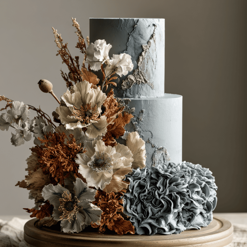 Unique dusty blue wedding cake on a table