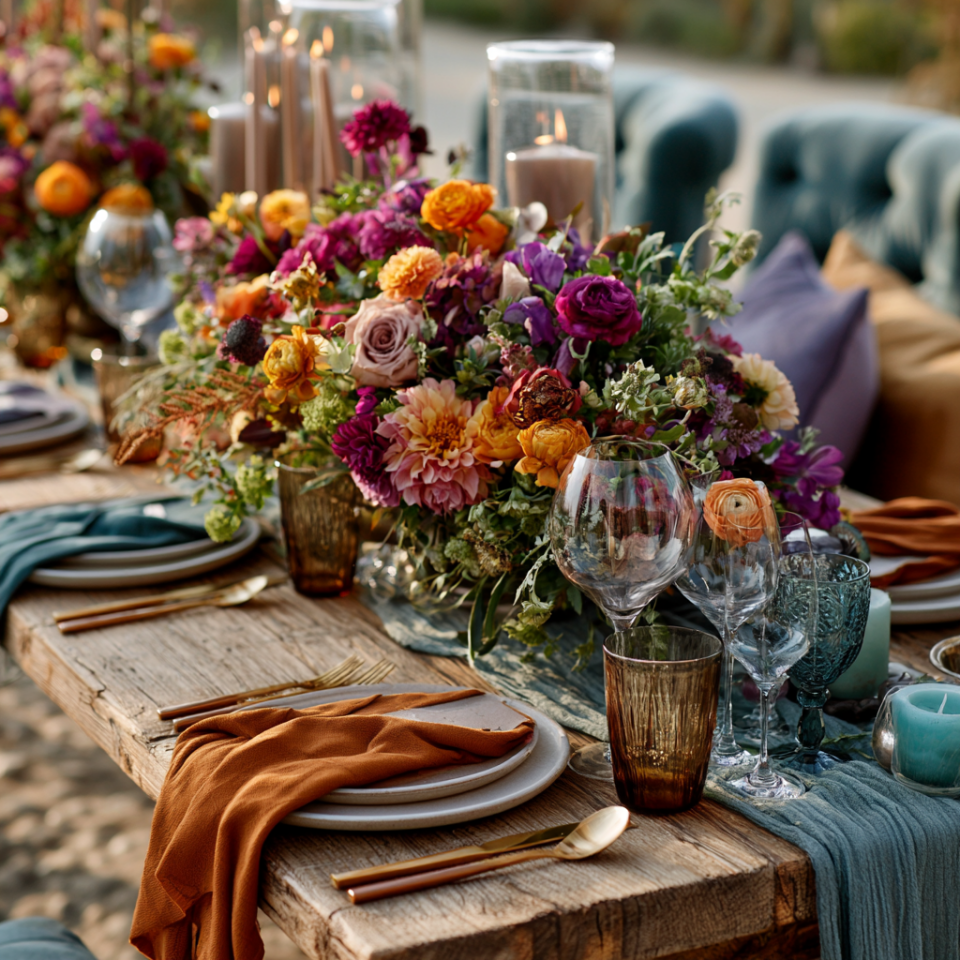 jewel tone decorations and flowers on a wedding
