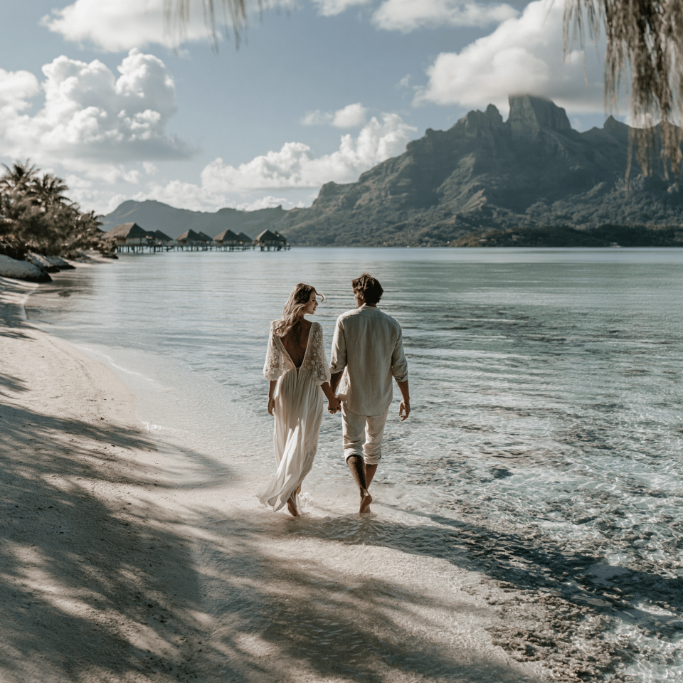 bora bora honeymoon couple walking on a beach with white sand