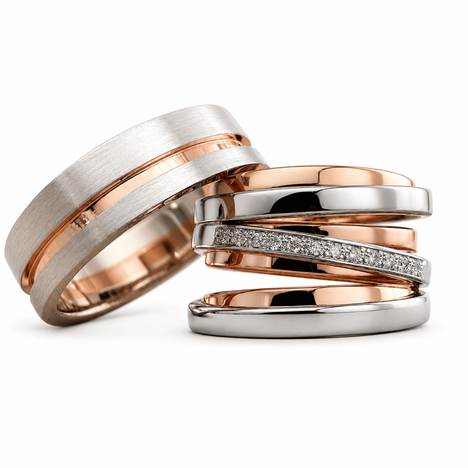 Verstrengelde roségouden en zilveren ringen