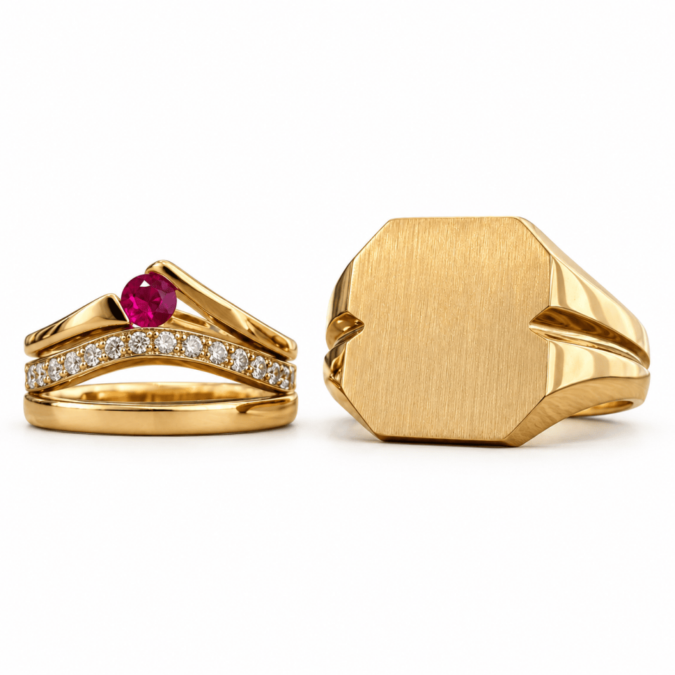 Gouden ringen met robijn en signetsteen reliëf